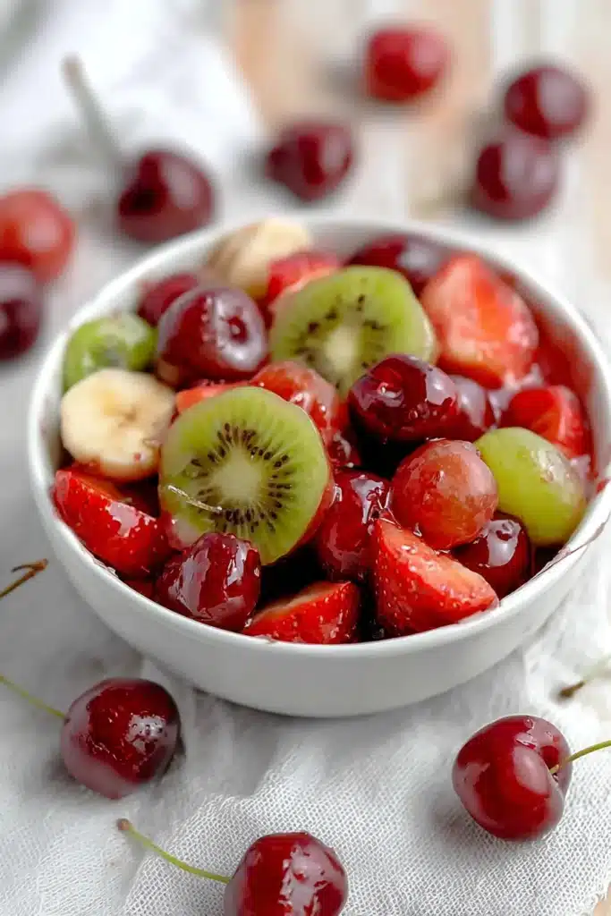 Easy fruit salad with cherries, strawberries, kiwi, grapes and banana in a bowl with glossy cherry glaze