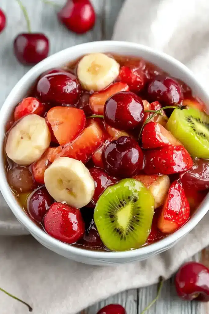 Easy fruit salad with cherries strawberries kiwi grapes and banana in glossy cherry glaze
