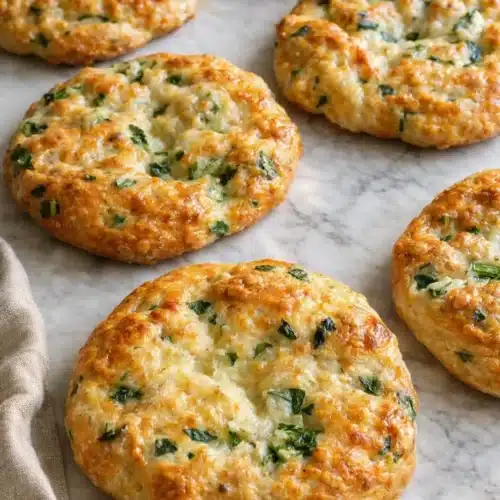 Golden spinach cottage cheese flagels with crispy edges on marble surface