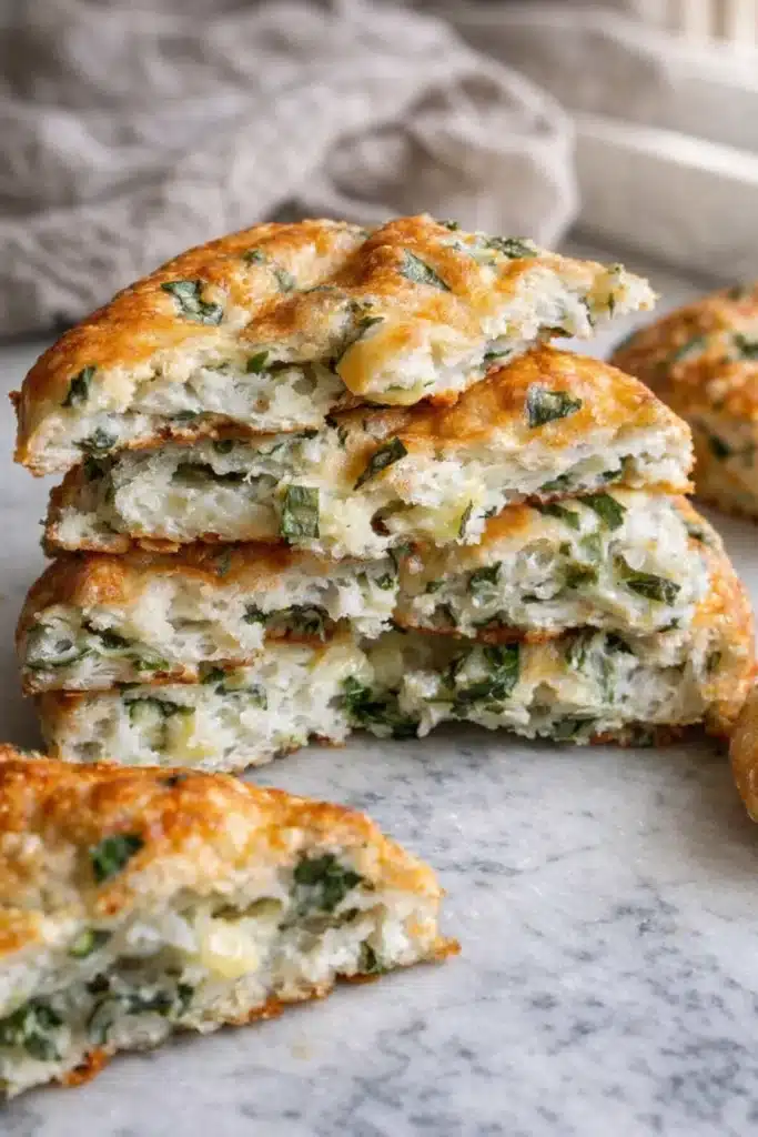 Easy Spinach Cottage Cheese Flagels showing soft cheesy interior