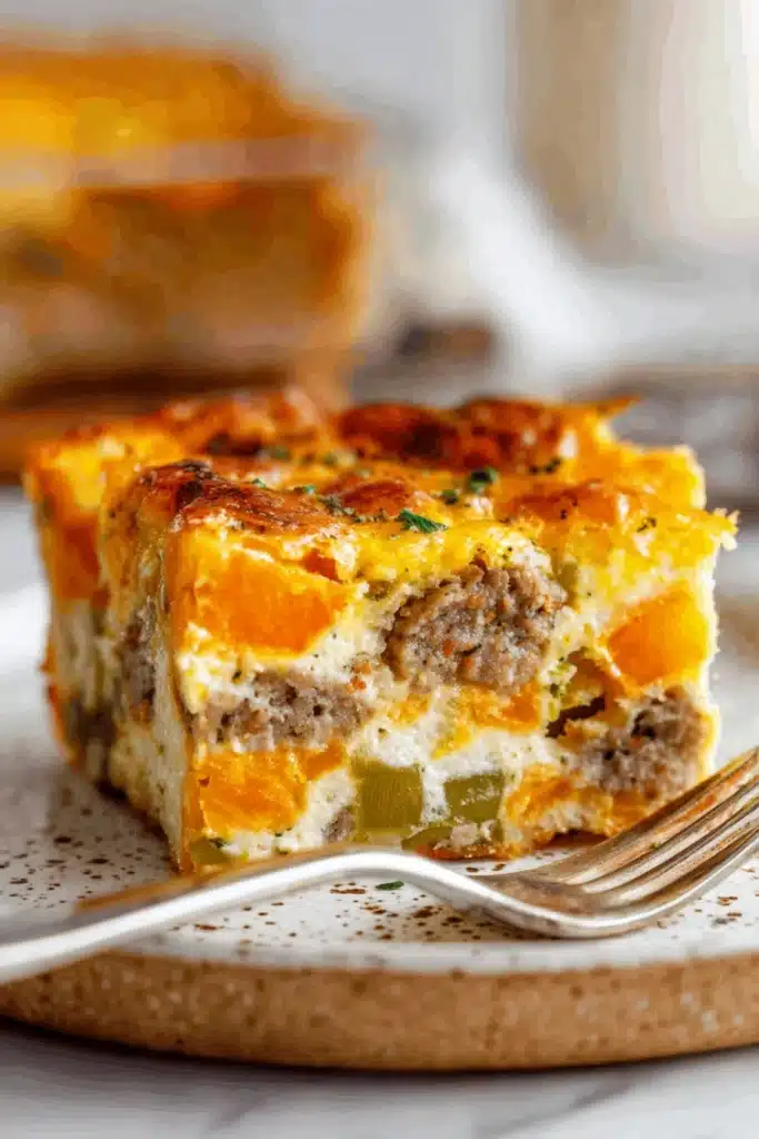 Easy Sweet Potato Egg Casserole slice with fluffy eggs and sweet potatoes on plate