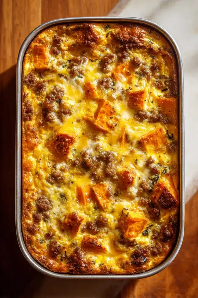 Easy Sweet Potato Egg Casserole baked with golden cheese and crispy edges in pan