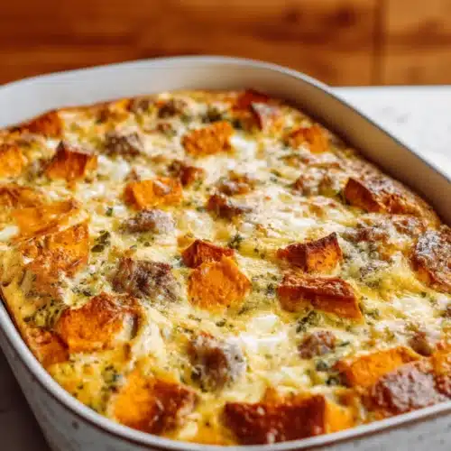 Easy Sweet Potato Egg Casserole baked with golden cheese and crispy edges in pan