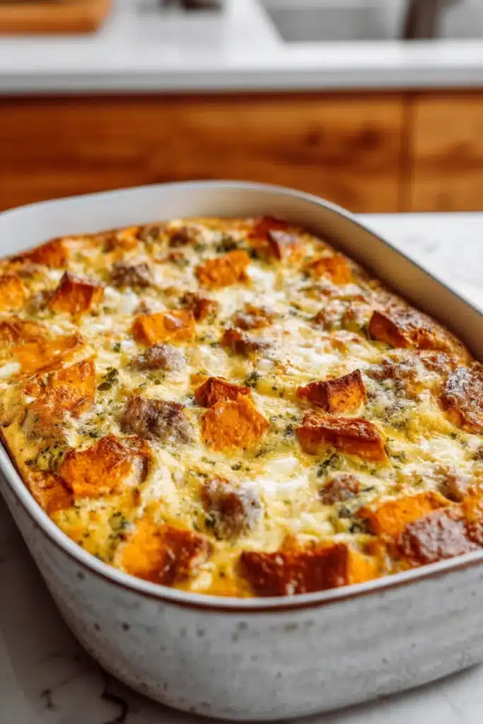 Easy Sweet Potato Egg Casserole baked with golden cheese and crispy edges in pan