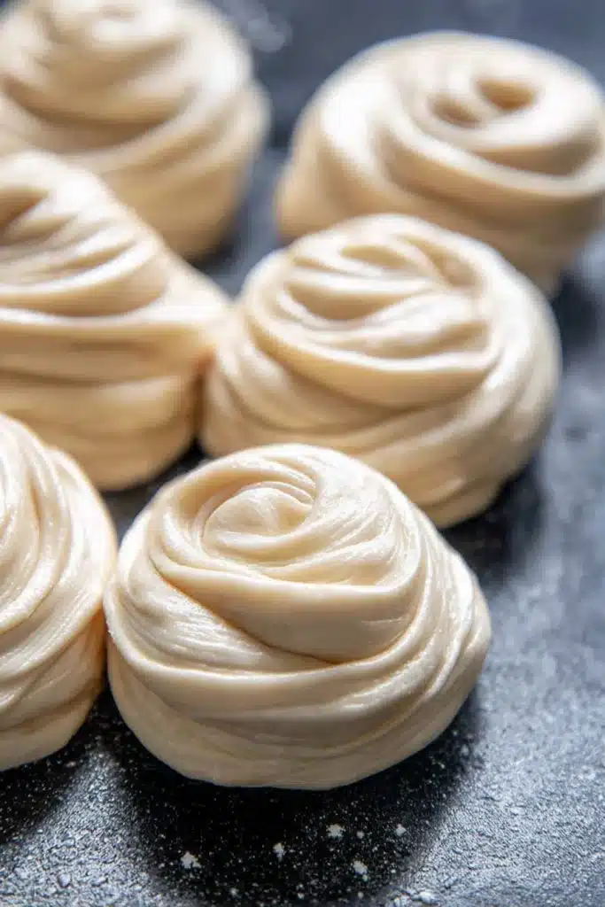 Raw roti canai dough spirals on tray, soft layered flatbread dough