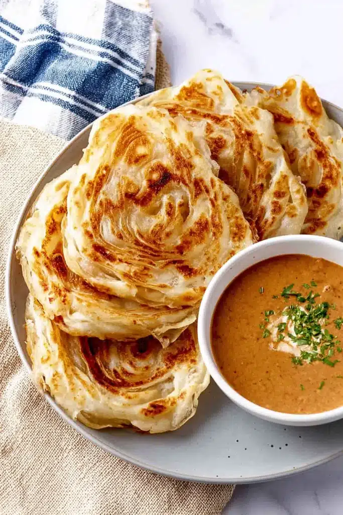 Flaky roti canai with curry on plate, crispy layered flatbread breakfast