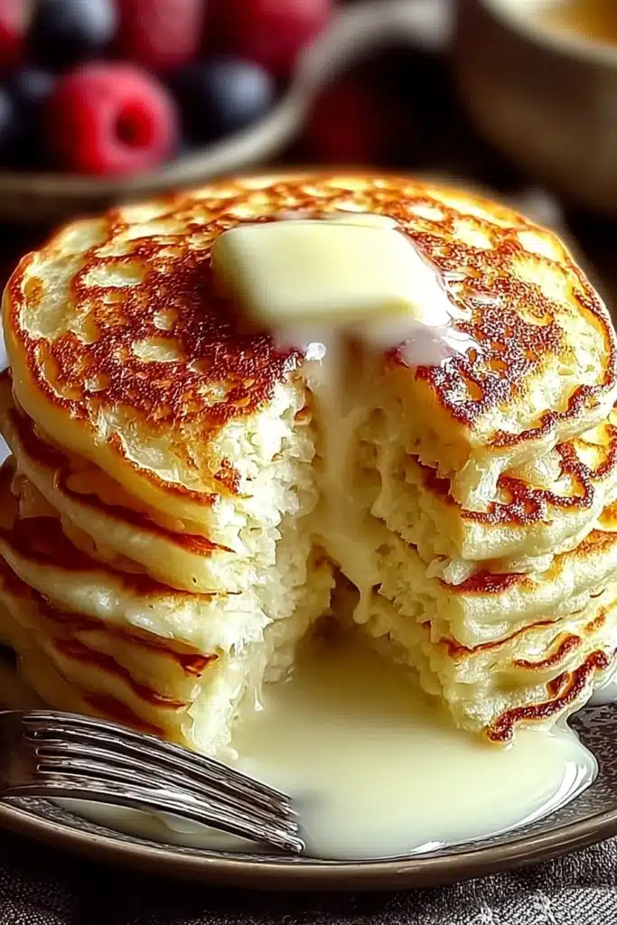 Flourless Cottage Cheese Pancakes with melted butter and fluffy interior