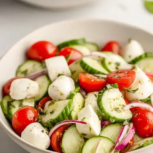 Fresh Cucumber Caprese Salad Easy Healthy Lunch Recipe 4 Fresh cucumber caprese salad with tomatoes, mozzarella, and basil in a bowl