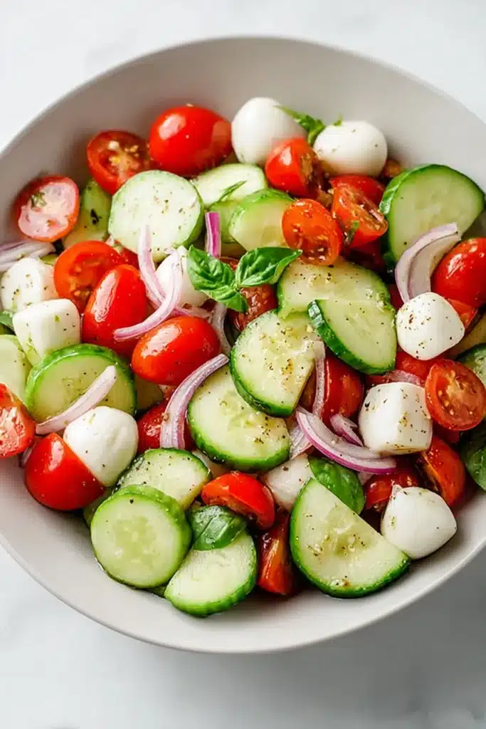 Fresh Cucumber Caprese Salad Easy Healthy Lunch Recipe 3 Fresh Cucumber Caprese Salad with mozzarella tomatoes and basil in bowl