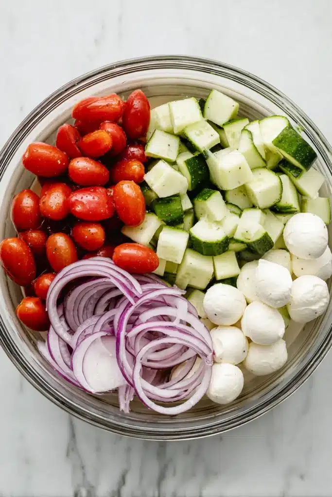 Fresh Cucumber Caprese Salad Easy Healthy Lunch Recipe 2 Fresh Cucumber Caprese Salad ingredients in bowl with tomatoes mozzarella