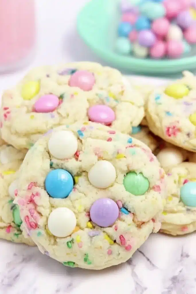 Funfetti Cake Cookies 1 Soft funfetti cake cookies with pastel M and M candies and white chocolate chips on mint plate