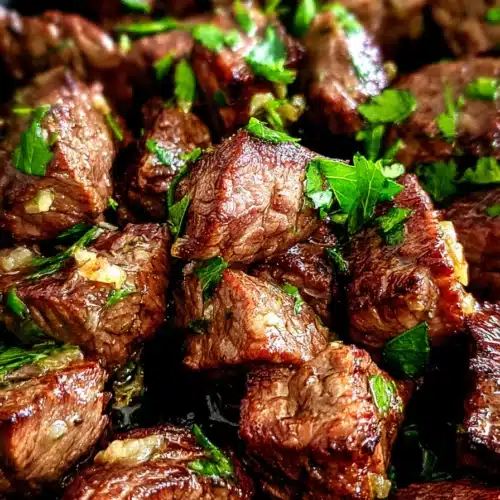 Garlic butter air fryer steak bites with crispy seared edges and fresh parsley garnish