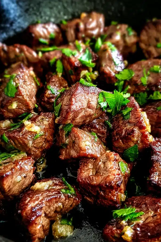 Garlic butter air fryer steak bites with crispy seared edges and fresh parsley garnish