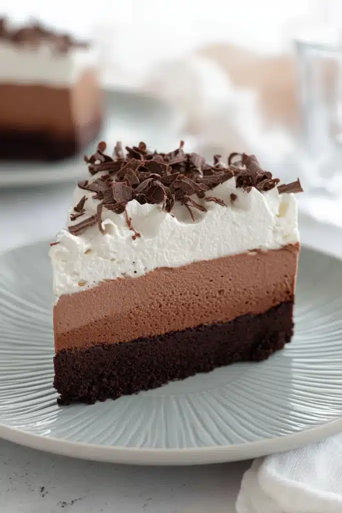 Gluten-free chocolate mousse cake slice with whipped cream and chocolate shavings