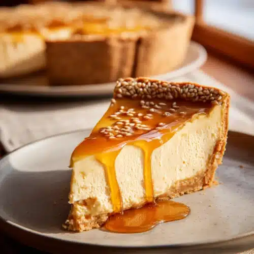 Golden Greek Honey Pie Recipe 3 Golden Greek honey pie slice with creamy filling and honey drizzle on plate