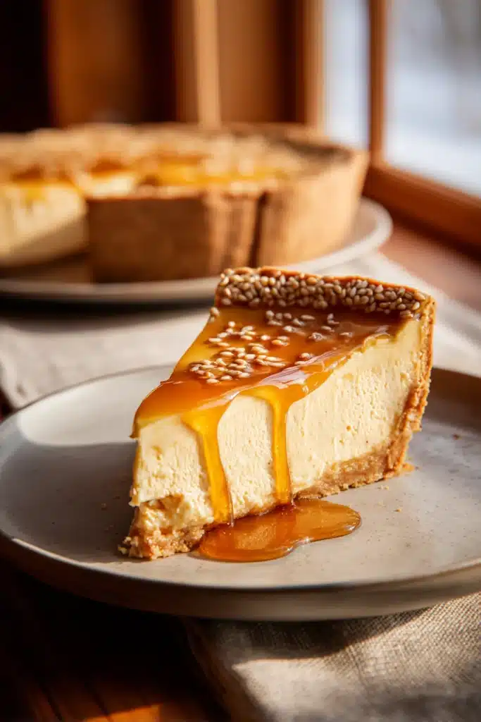 Golden Greek Honey Pie Recipe 1 Golden Greek honey pie slice with creamy filling and honey drizzle on plate