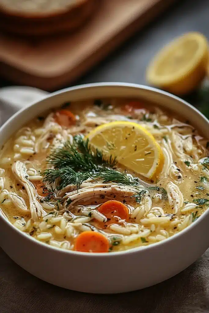 Greek Lemon Chicken Soup with rice, shredded chicken, and lemon slice in a bowl