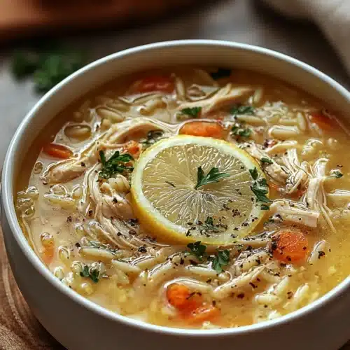 Greek lemon chicken soup with rice, shredded chicken, and lemon slice in a rustic bowl