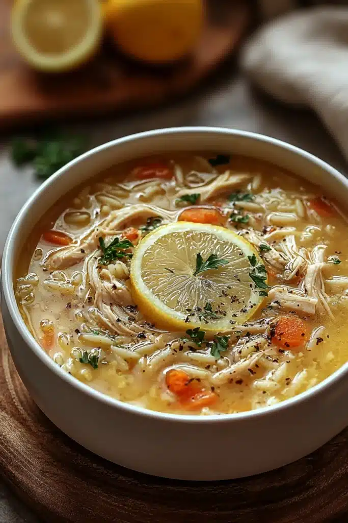 Greek lemon chicken soup with rice, shredded chicken, and lemon slice in a rustic bowl