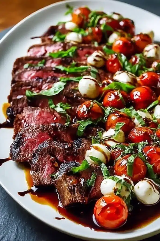 Grilled Flank Steak Caprese with Balsamic Dressing close up