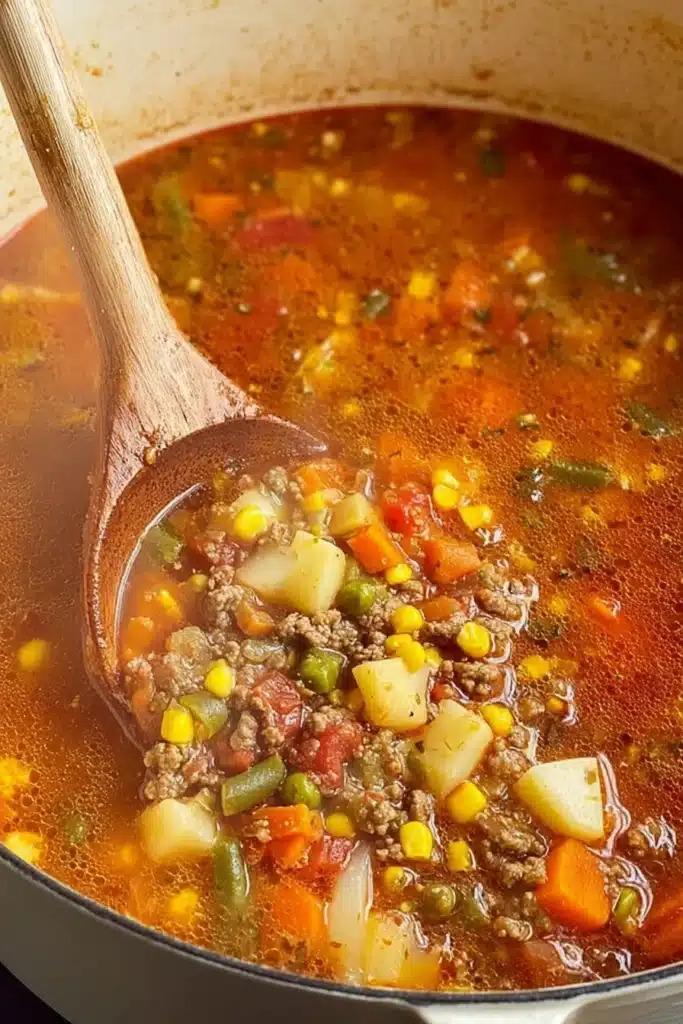 Hamburger soup simmering in a pot with ground beef potatoes and vegetables