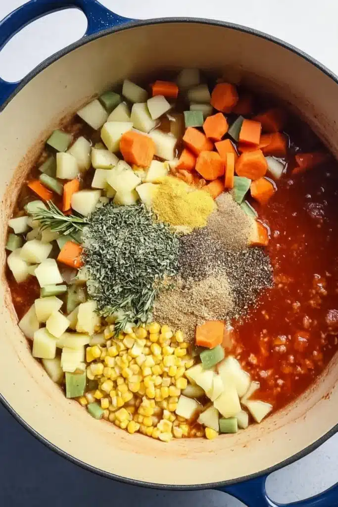 Hamburger soup ingredients in a pot with potatoes, mixed vegetables, tomato base and ground beef