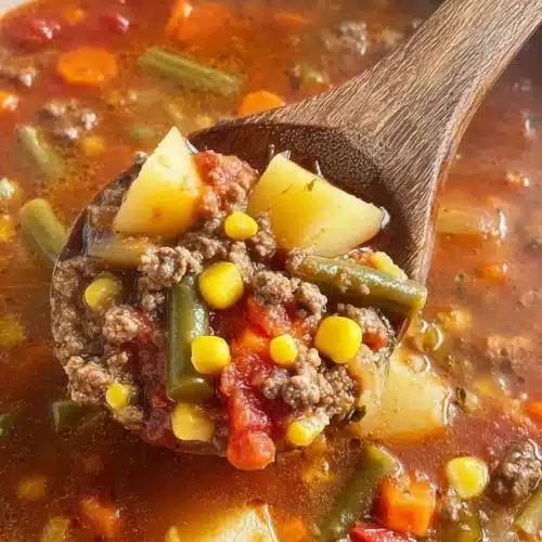 Hearty hamburger soup with ground beef, potatoes, carrots, corn, and vegetables in tomato broth