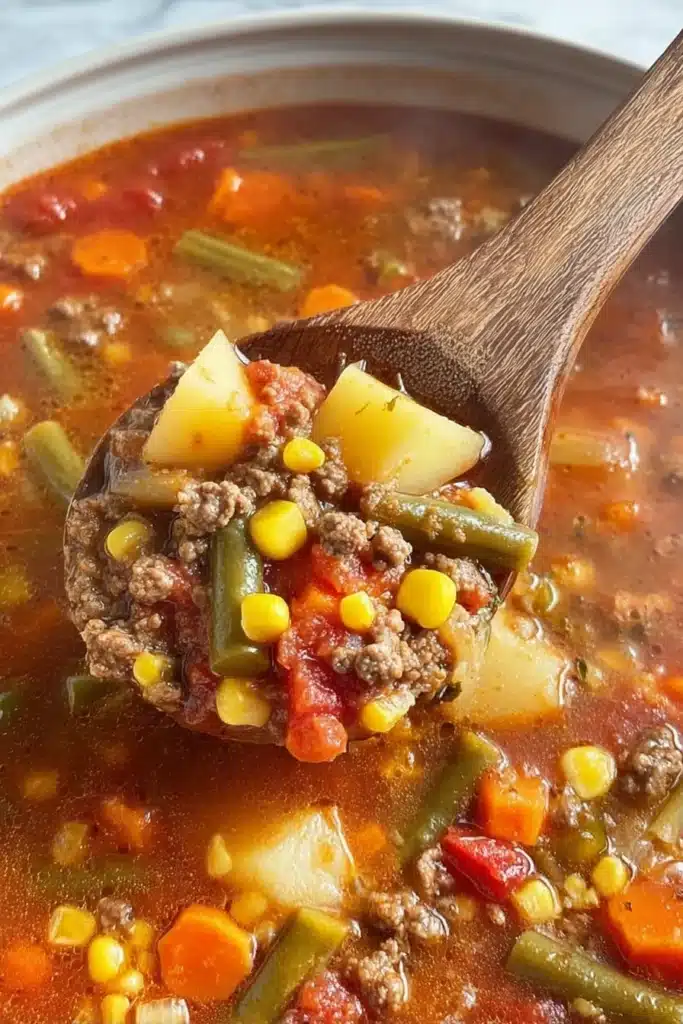 Hearty hamburger soup with ground beef, potatoes, carrots, corn, and vegetables in tomato broth