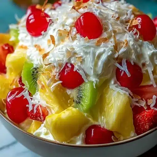 Hawaiian cheesecake salad with strawberries, pineapple, kiwi, cherries and toasted coconut