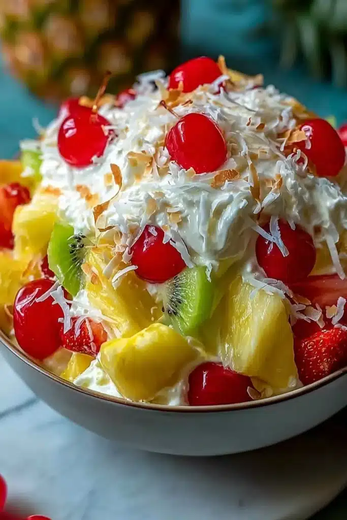 Hawaiian cheesecake salad with strawberries, pineapple, kiwi, cherries and toasted coconut