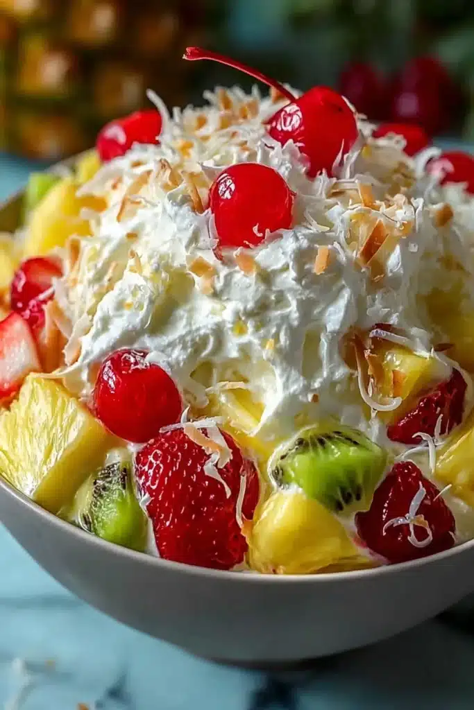 Hawaiian cheesecake salad with strawberries, pineapple, kiwi, cherries and toasted coconut