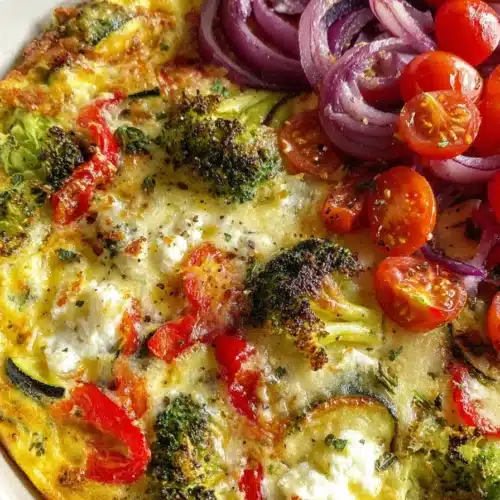 High-protein veggie bake with broccoli, zucchini, cheese and fresh tomato salad