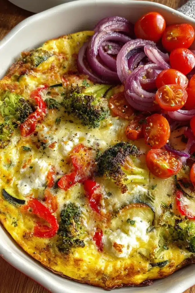 High-protein veggie bake with broccoli, zucchini, cheese and fresh tomato salad