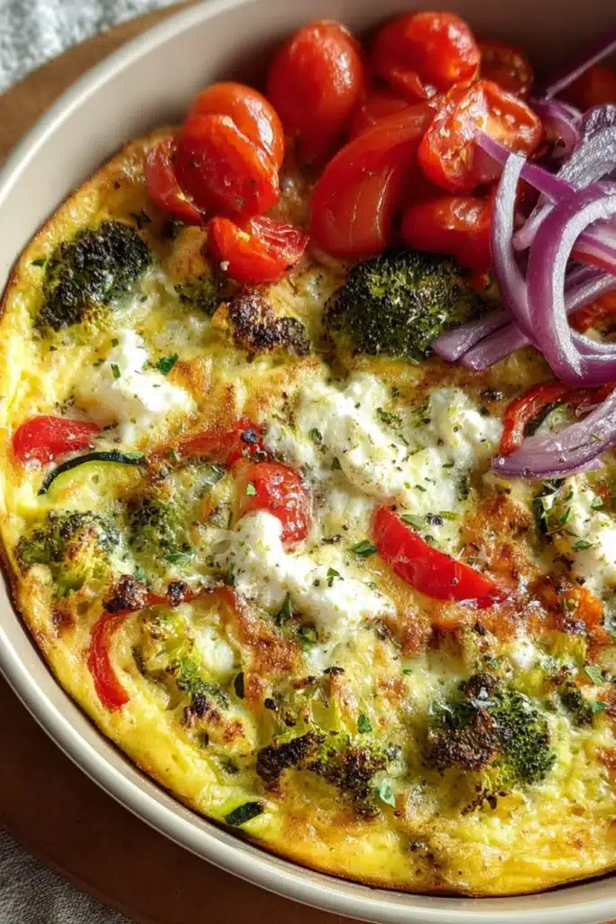 High-protein veggie bake with broccoli, zucchini, cheese and fresh tomato salad