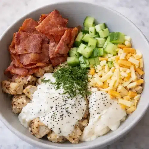 High-protein chicken salad bowl with bacon, cucumber, cheddar, and creamy dressing