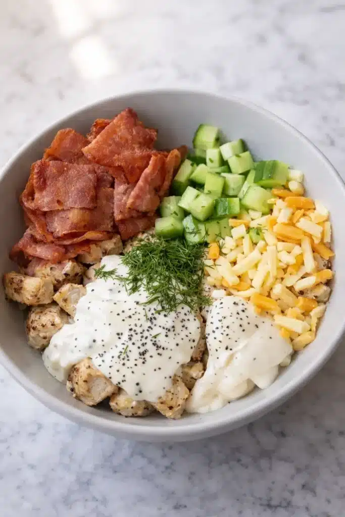 High-protein chicken salad bowl with bacon, cucumber, cheddar, and creamy dressing