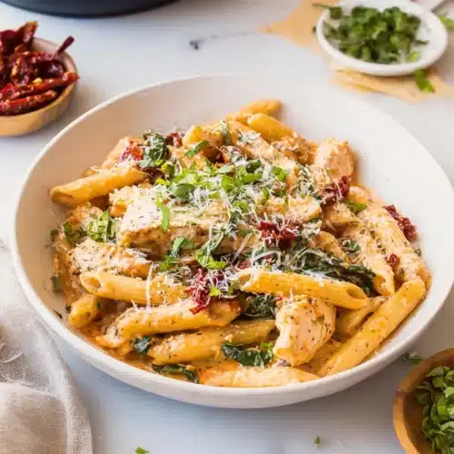 Creamy chicken penne pasta with parmesan, basil, and sun dried tomatoes in a ceramic bowl
