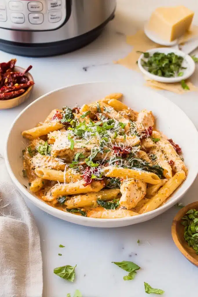 Creamy chicken penne pasta with parmesan, basil, and sun dried tomatoes in a ceramic bowl