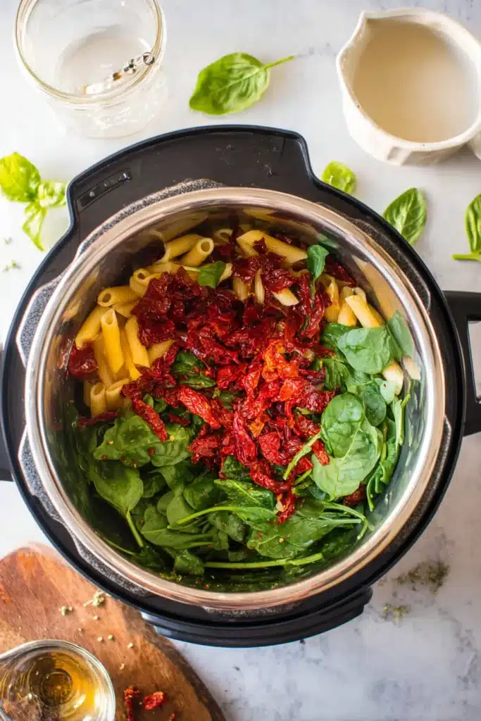 Instant Pot Marry Me Chicken Pasta with spinach and sun dried tomatoes before stirring