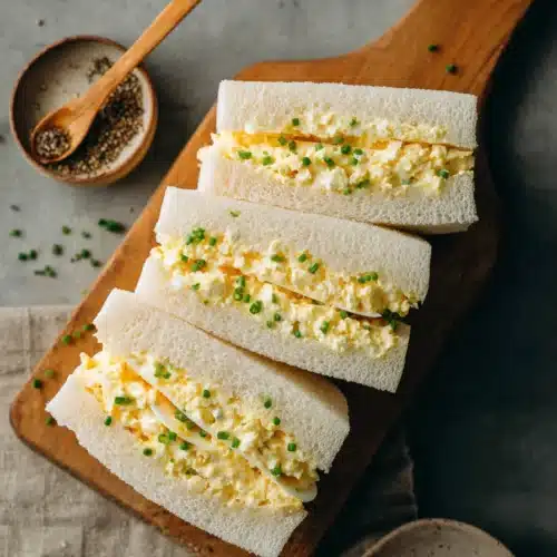 Japanese egg sandwich stacked on wooden board with creamy filling and chives