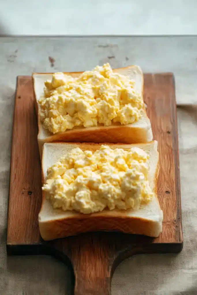 Japanese Egg Sandwich assembly with creamy egg filling on milk bread