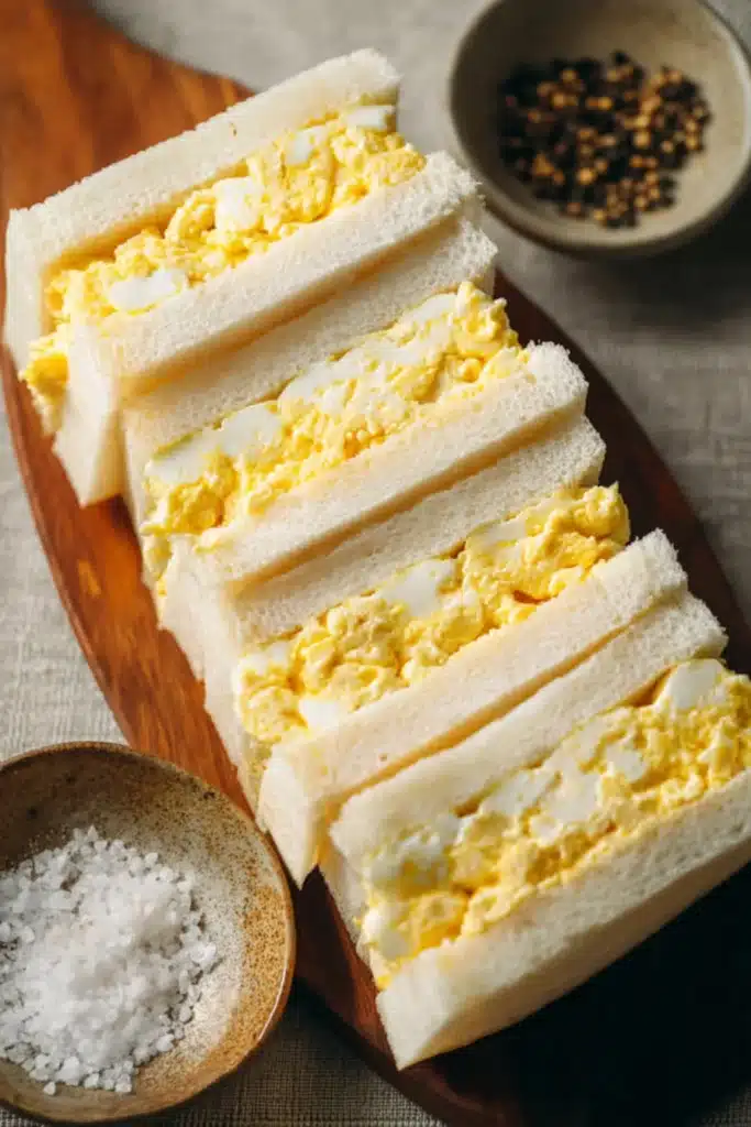 Japanese Egg Sandwich close up with creamy egg filling and soft milk bread