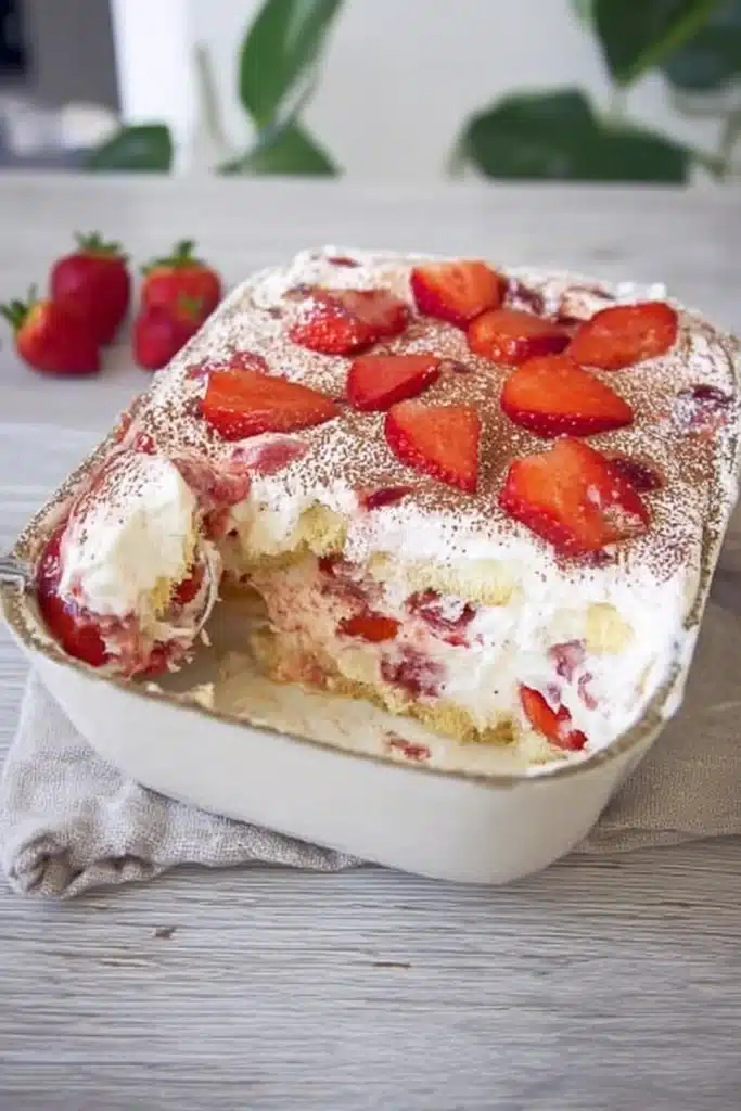Keto strawberry tiramisu with fresh strawberries and creamy layers in glass dish
