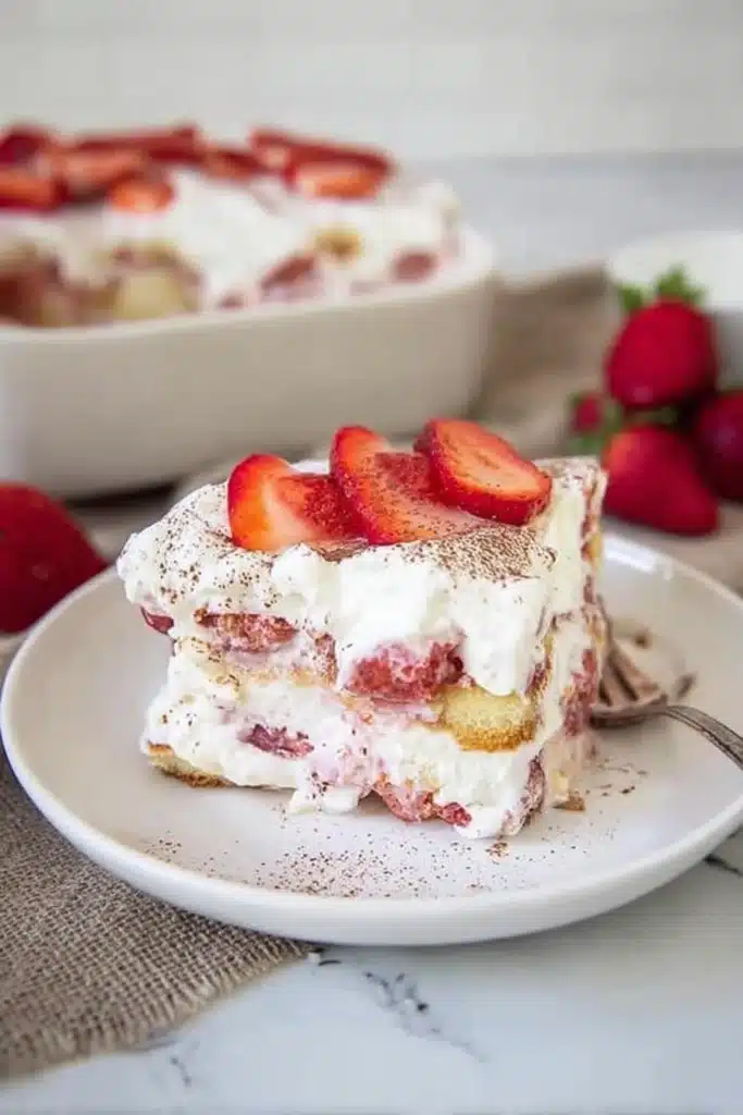 Keto Strawberry Tiramisu slice with creamy layers and fresh strawberries