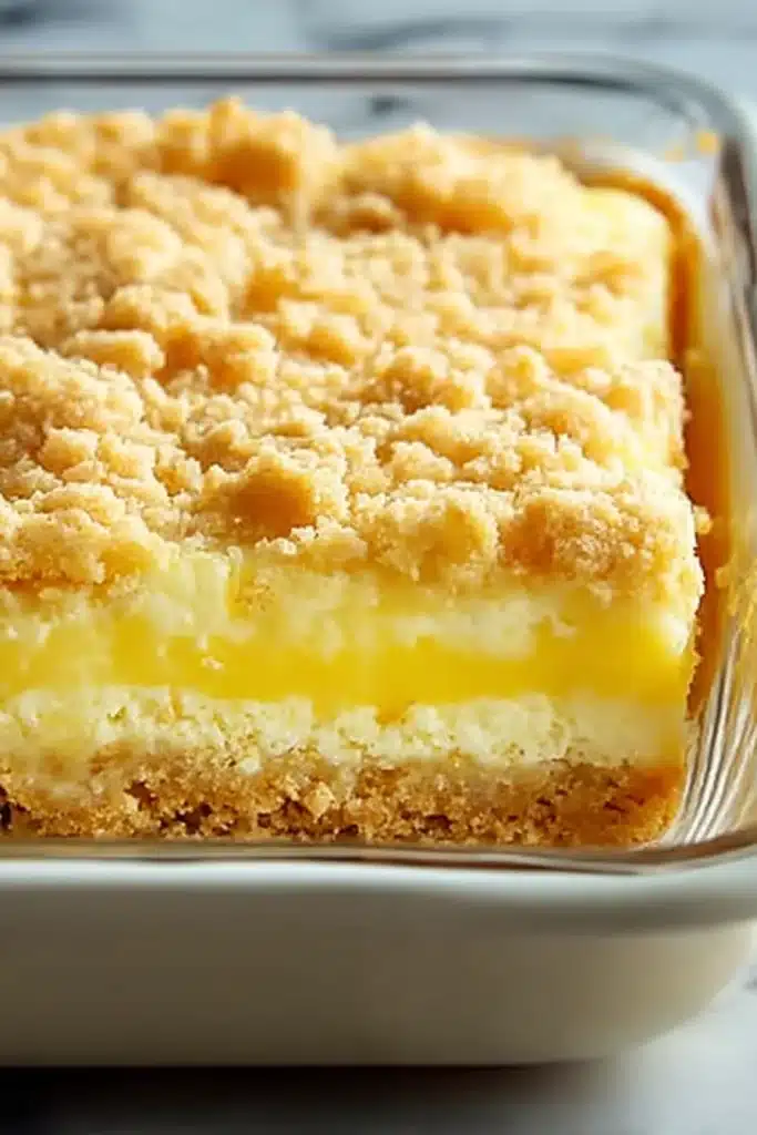 Lemon Cream Cheese Dump Cake layers with creamy filling and golden topping