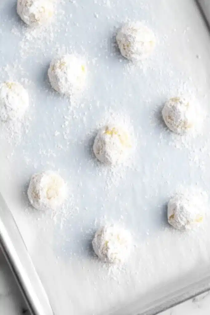 Lemon Crinkle Cookies dough balls coated in powdered sugar before baking