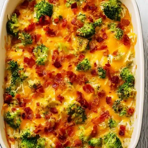 Low carb chicken casserole with broccoli, bacon, and melted cheddar cheese in baking dish
