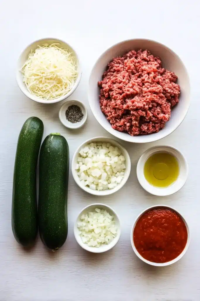 Low-Carb Ground Beef Zucchini Bake 2 Low-Carb Ground Beef Zucchini Bake ingredients with beef, zucchini, cheese