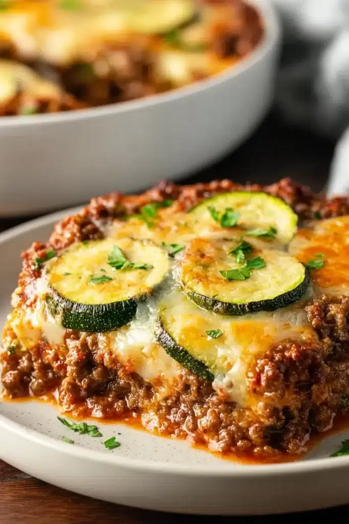 Low-Carb Ground Beef Zucchini Bake 1 Low-carb ground beef zucchini bake with melted cheese and herbs on plate