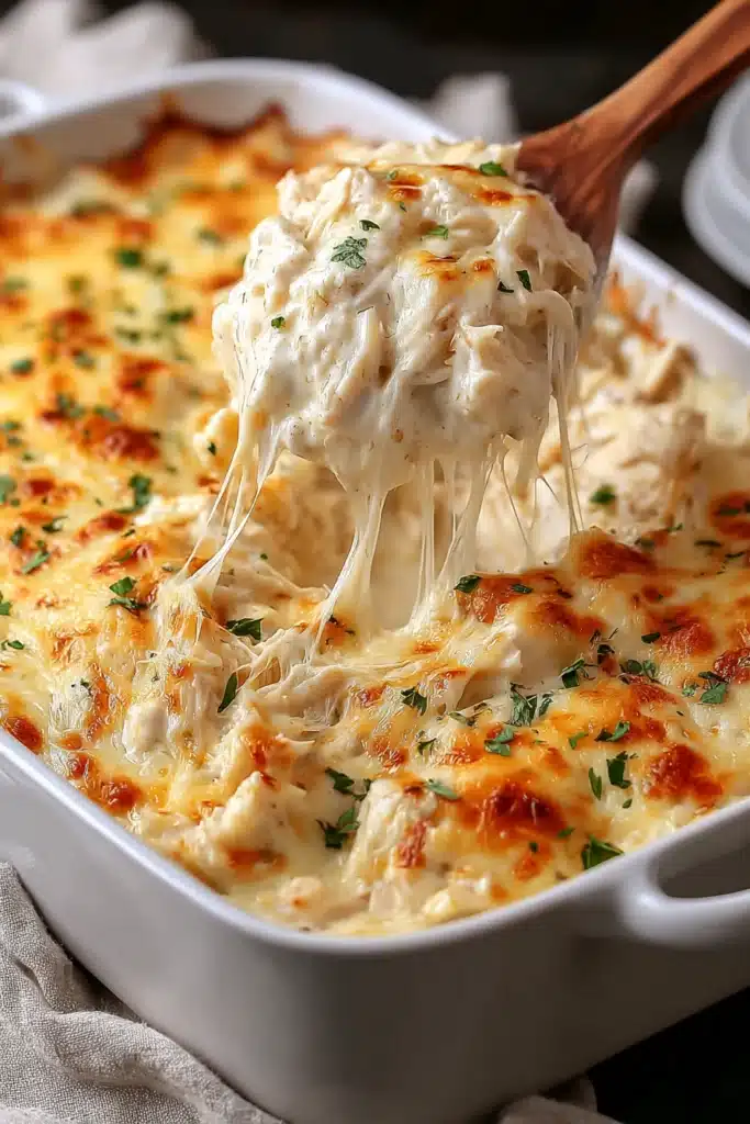 Creamy chicken casserole with melted cheese and parsley in ceramic baking dish